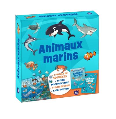 Animaux marins : 1 puzzle de 50 pièces, 1 livre documentaire, 1 livre de jeux, 1 joli poster