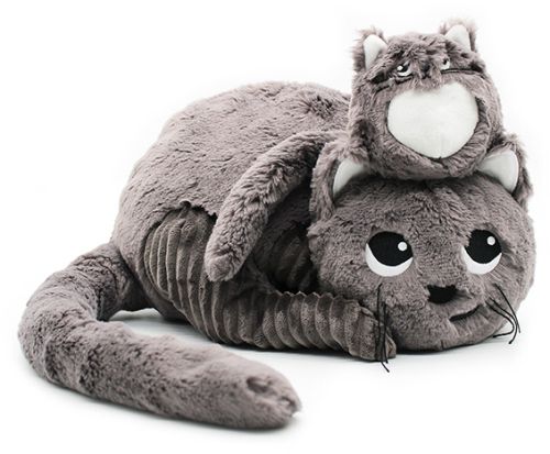 Peluche maman-bébé, miaou le chat gris